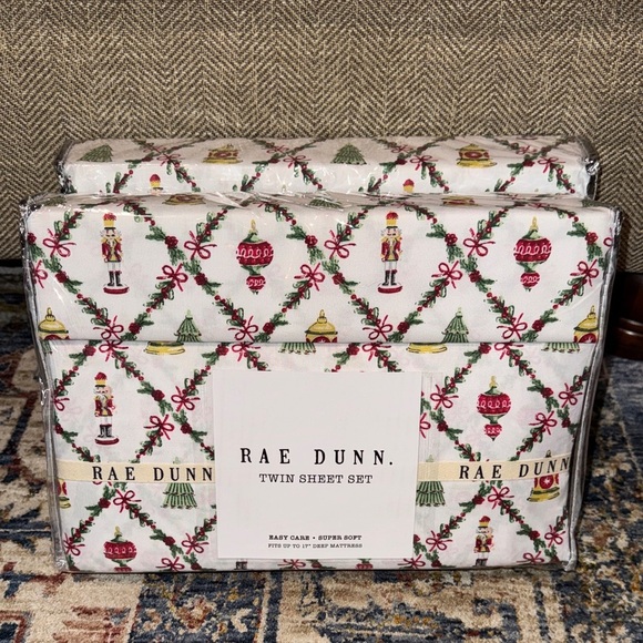 Rae Dunn Other - NWT Rae Dunn Christmas Holiday Twin Sheet Set - Red/Green on white background